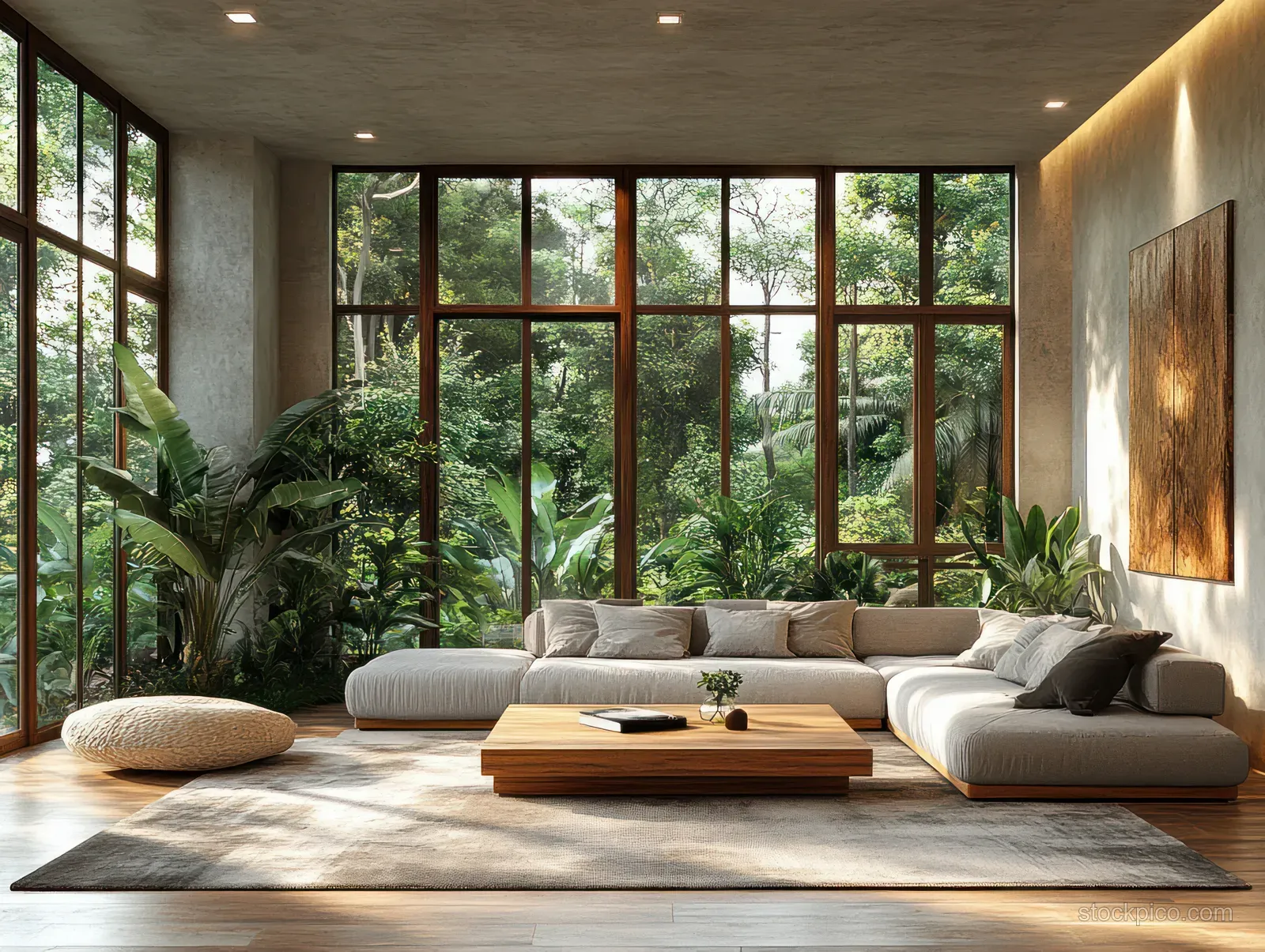 Light grey sofa and wooden coffee table in a minimalist living room with large sunlit windows and leafy greenery outside.
