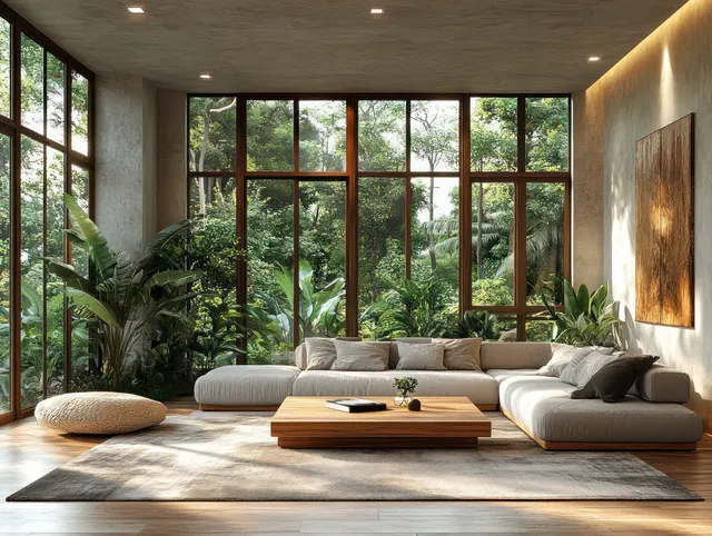 Light grey sofa and wooden coffee table in a minimalist living room with large sunlit windows and leafy greenery outside.