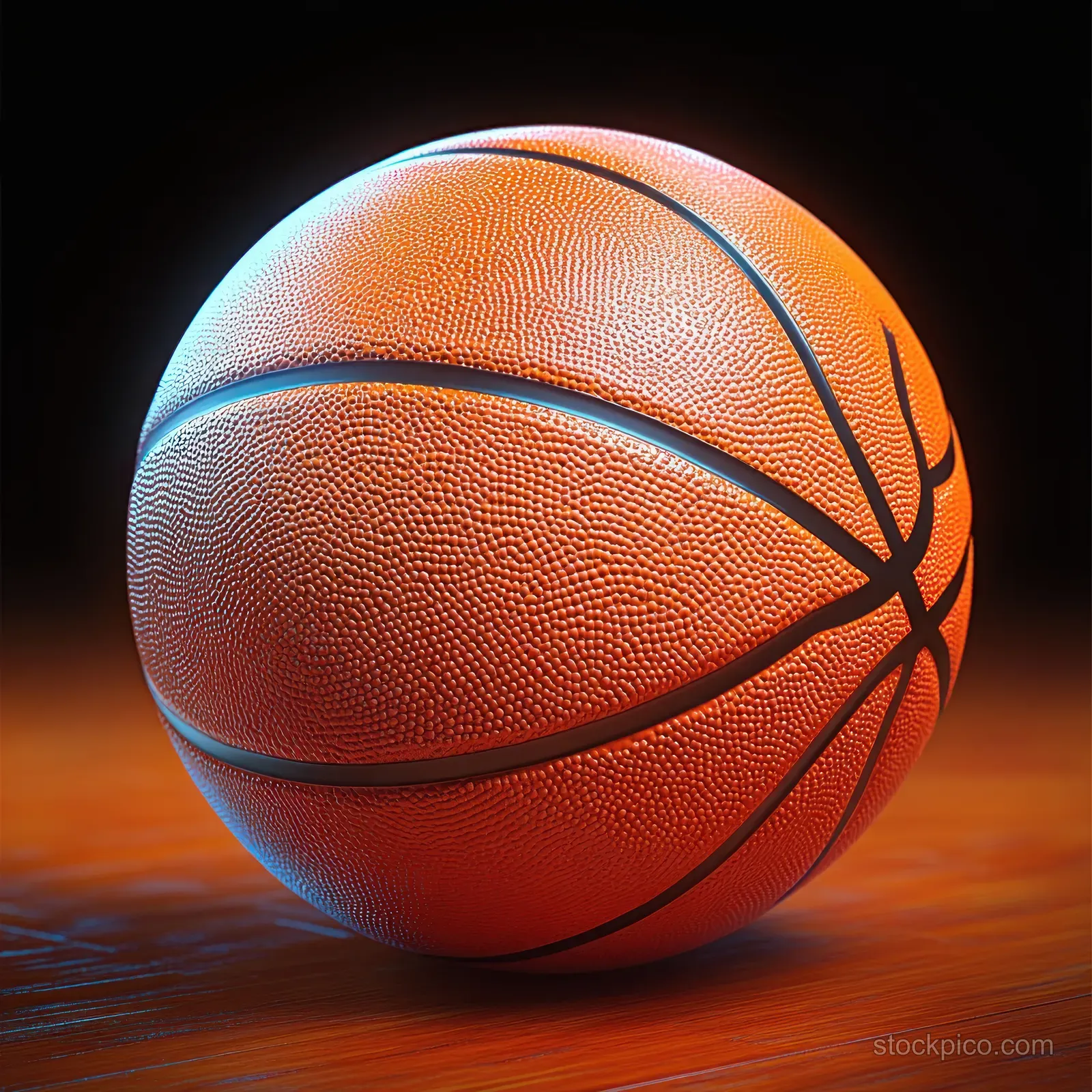 Orange basketball resting on a wooden floor with warm light emphasizing the rubber texture and grooves.