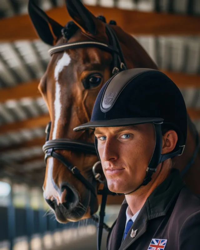 Helmeted Australian eventing rider stands close to a dark horse inside a stable doorway.