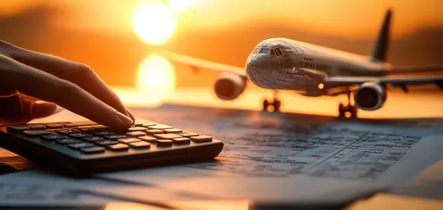 A hand counts on a calculator beside an airplane model and flight documents in warm sunset light.