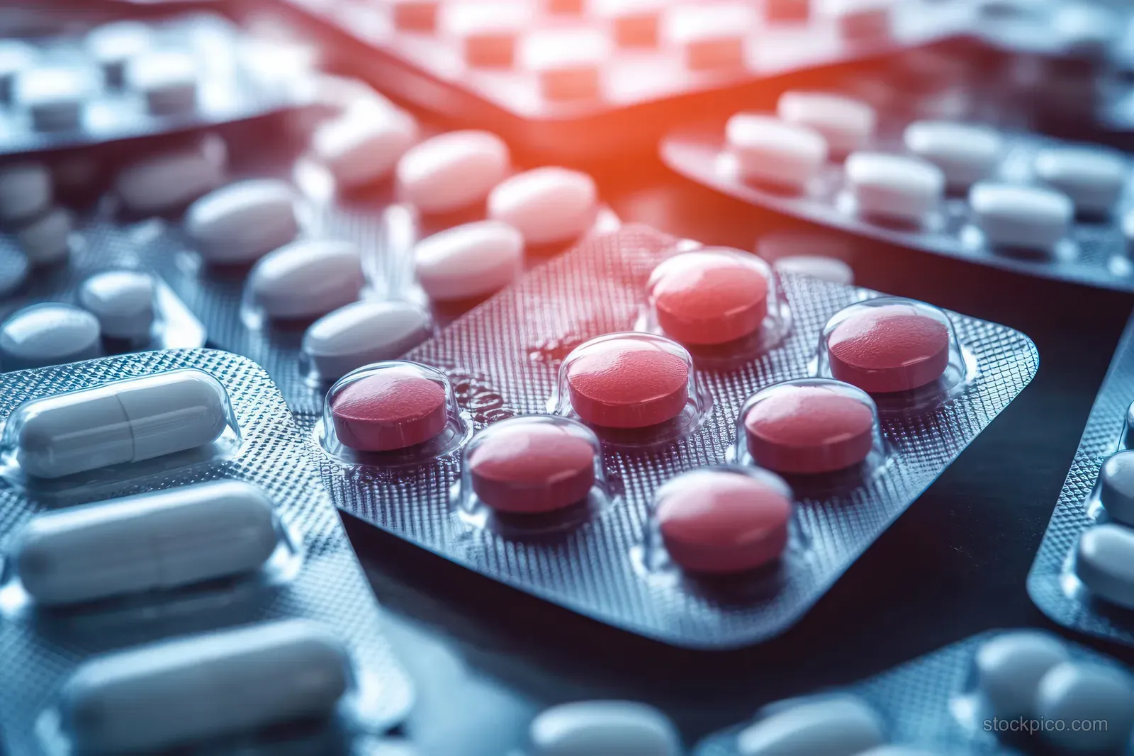Red tablets and white capsules inside blister packs rest on textured foil under soft lighting.