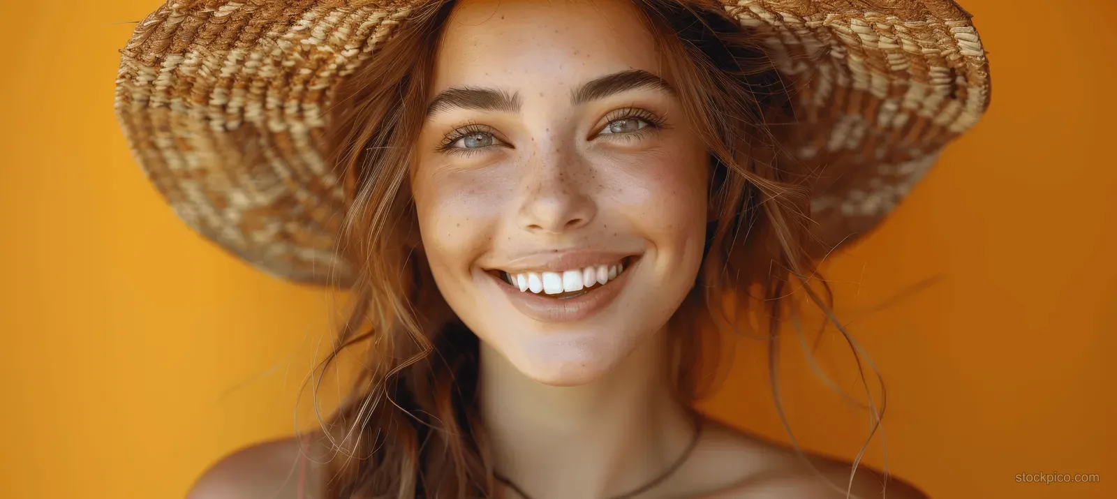 Smiling woman wearing a wide straw hat against an orange background.