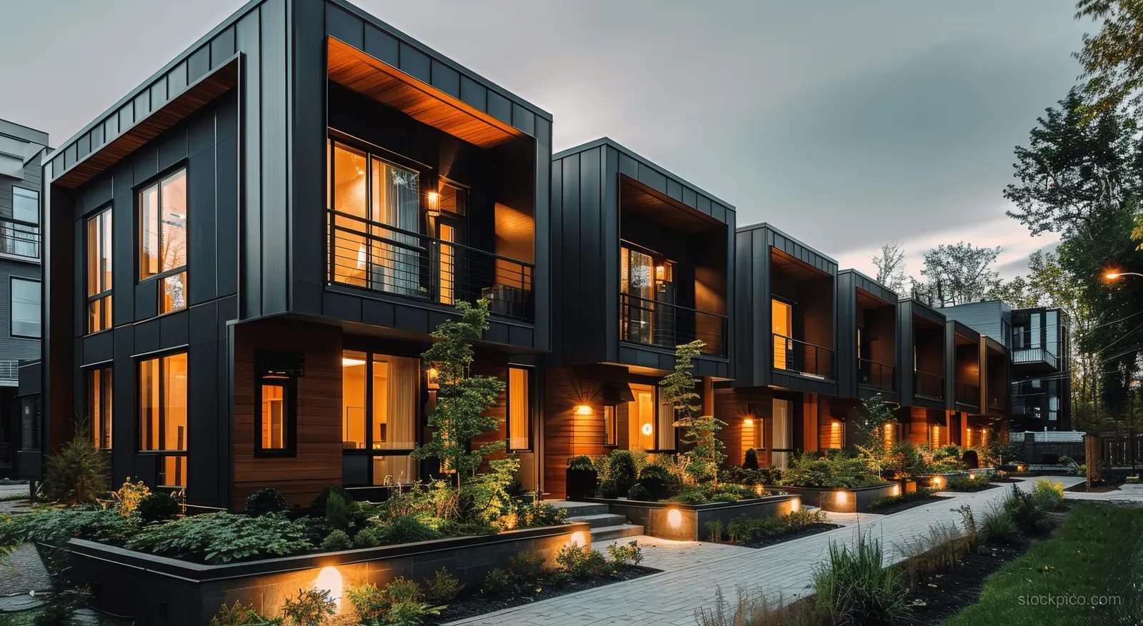 Row of modern black townhouses at night with warm window lights, gray metal panels, and wooden balcony accents.