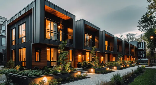Modern black townhouses at night with warm window lights and gray metal panels