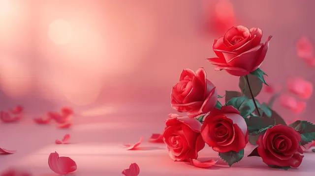 Red roses and scattered pink petals on a soft pink gradient background with gentle bokeh highlights.