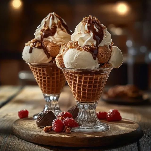 Two vanilla ice cream sundaes in waffle cups with whipped cream, chocolate sauce, cookie crumbs, raspberries, and chocolate pieces on a wooden board.