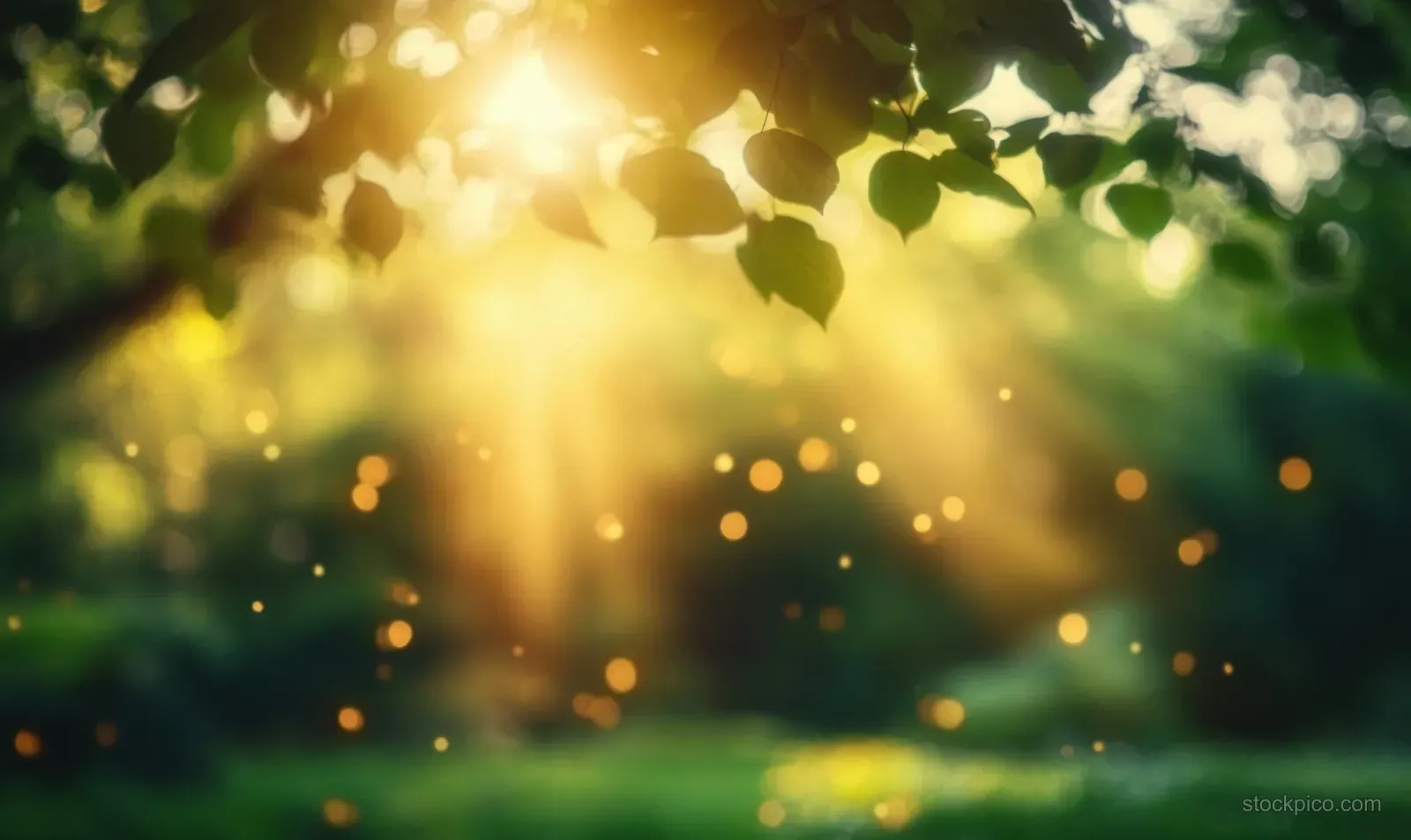 Sunlight beams through forest leaves with soft green bokeh in the background.