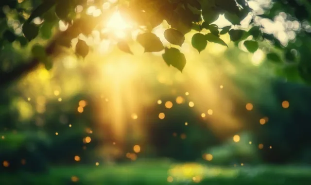 Sunlit forest canopy with golden rays and soft bokeh glow