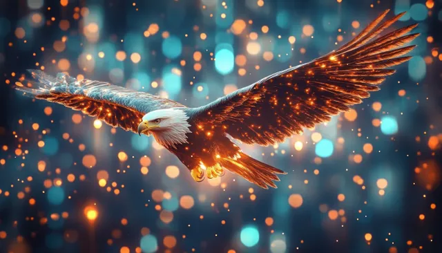 Eagle soars through glowing ember lights, illuminating feathers against blue-orange bokeh