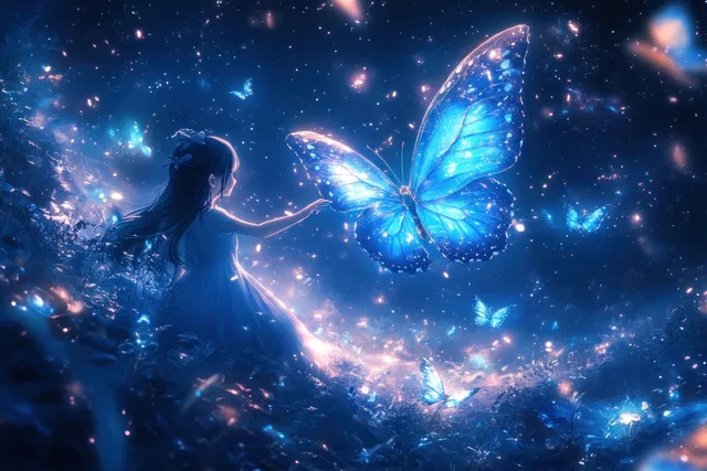 A girl reaches toward a giant glowing blue butterfly amid smaller luminous butterflies and sparkling lights in a dark forest.