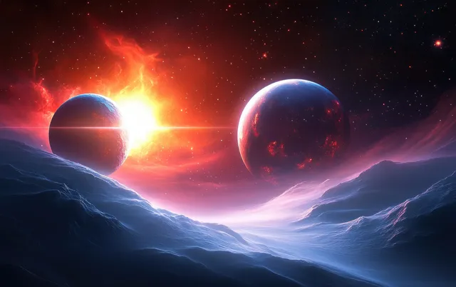 Two planets face each other in a glowing nebula while fiery light erupts behind them.