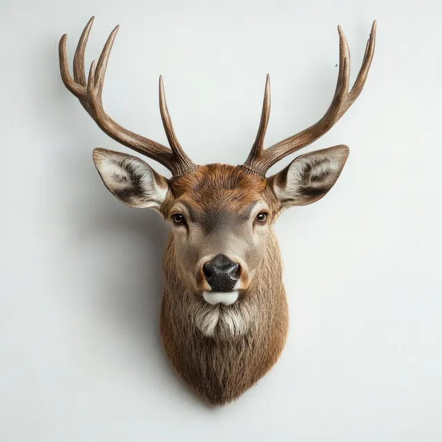 Mounted deer head with large antlers displayed on a plain white wall, showing detailed fur and intense eyes.