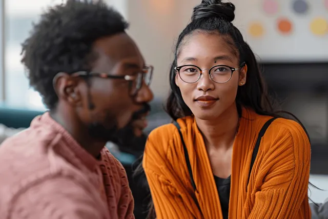 Two young adults sit in a community therapy circle while others listen in a softly lit room with posters in back.