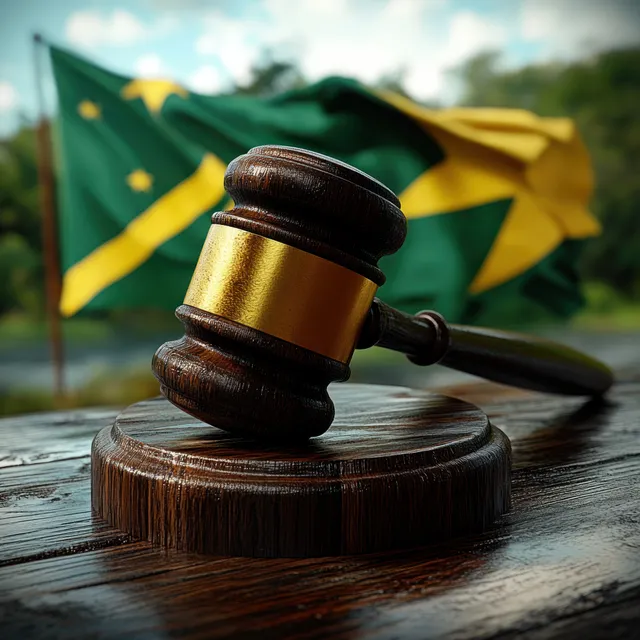 A wooden judge gavel with a golden band sits on a textured surface with a blurred green-yellow flag behind it.