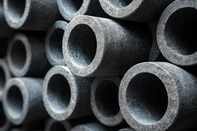 Stacked gray industrial steel pipes fill the frame with rough textured surfaces and hollow circular openings.