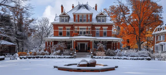 Victorian red-brick house with white trim sits in snow while orange and bare trees line the front yard.