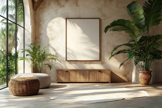 Minimal interior wall with a blank framed canvas above a wooden cabinet and green monstera plants in pots.