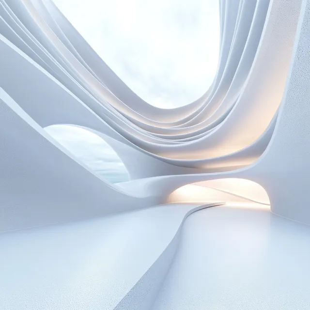 Futuristic minimalist interior with flowing white curves, soft daylight, and deep perspective with Abstract Space Design