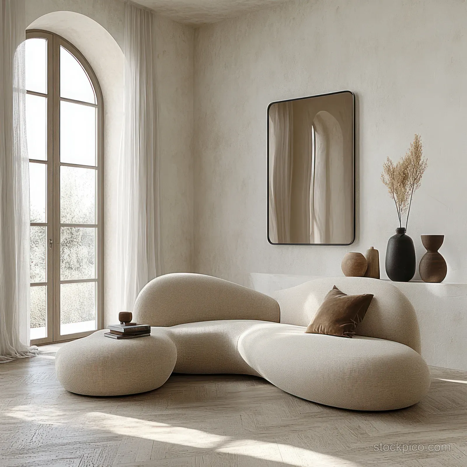 Curvy beige sofa rests in a minimalist living room beside arched windows with soft natural daylight.