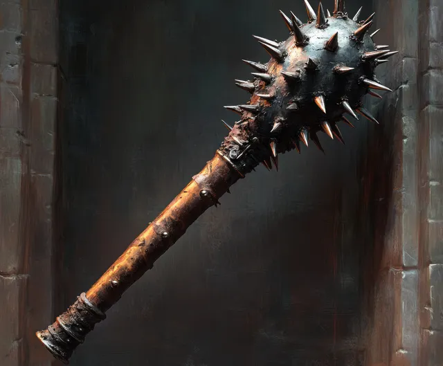 Rusty spiked medieval mace stands between stone columns in a dark dungeon-like hall.