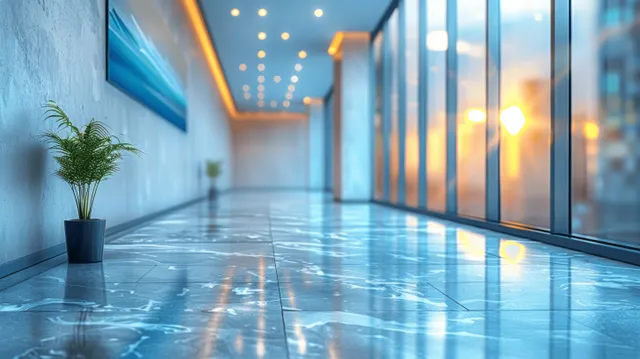 A potted plant sits beside a glossy floor in a modern office hallway, with blurred glass doors and glowing light reflections.