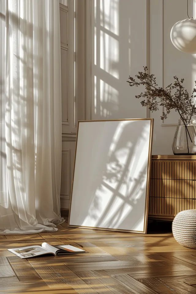 Sunlit minimalist living room corner with a blank poster frame on the parquet floor and a wooden sideboard.