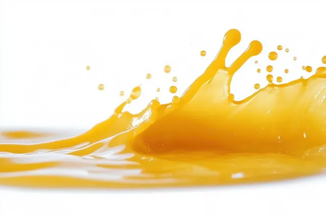 Orange juice splash flows on white background, suspended droplets and glossy liquid motion