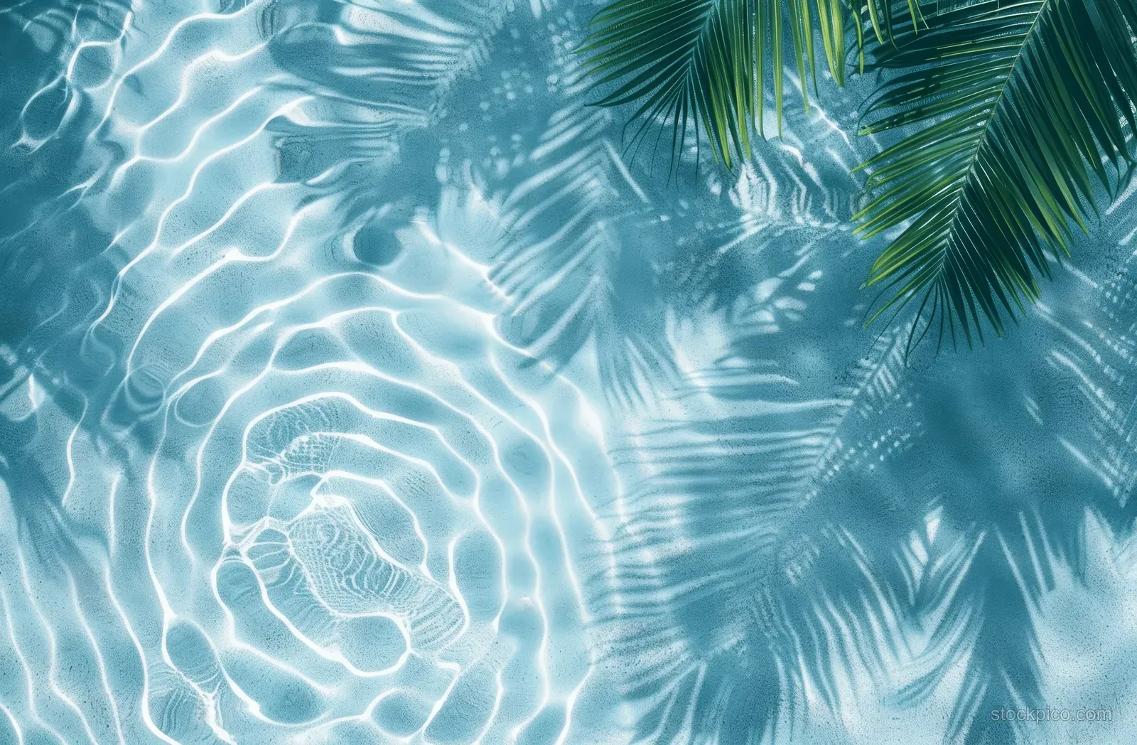 Blue water ripples and palm frond shadows stretch across a bright sandy surface in a top-down view.