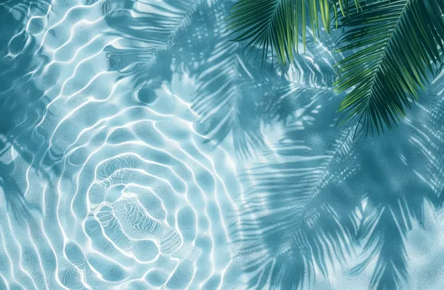 Calm ocean water ripples with palm frond shadows over bright sandy surface