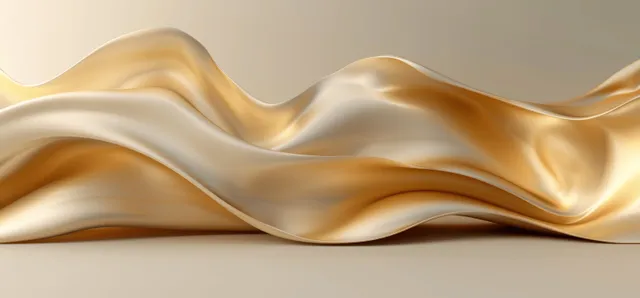 A 3D golden wave ribbon undulates across a smooth gradient background with soft highlights.