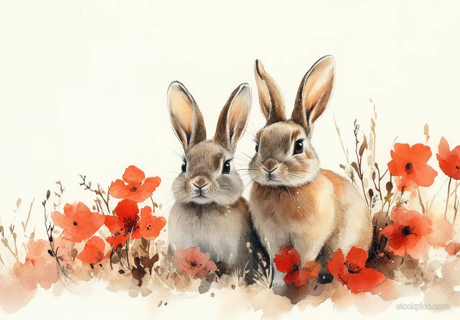 Front and back view watercolor rabbits with long ears sitting among orange flowers and soft splashes on a pale background.