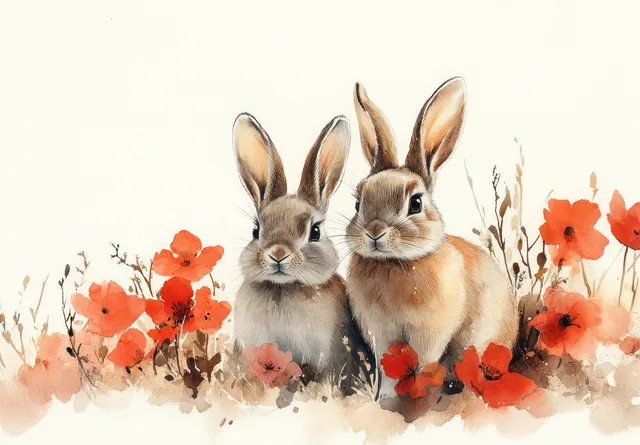 Front and back view watercolor rabbits with long ears sitting among orange flowers and soft splashes on a pale background.