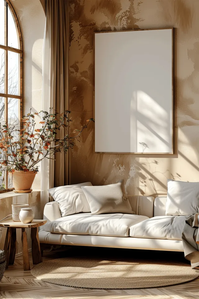 Beige sofa and blank poster frame in a sunlit Scandinavian living room with wooden floor and minimal decor.