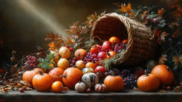 Wicker cornucopia overflowing with pumpkins, apples, and berries on a rustic white wood table with autumn leaves.