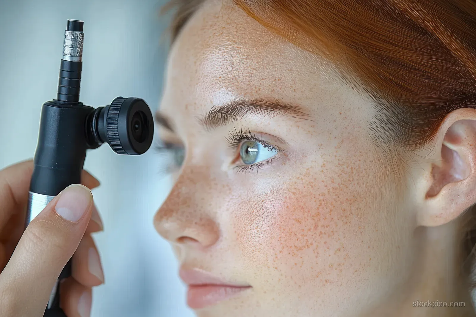 A freckled red-haired woman has her eye examined by a clinician using a handheld diagnostic device in a clinic setting.