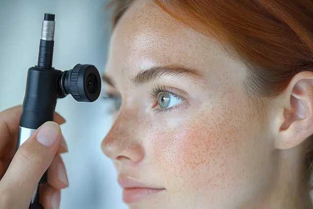 A freckled red-haired woman has her eye examined by a clinician using a handheld diagnostic device in a clinic setting.