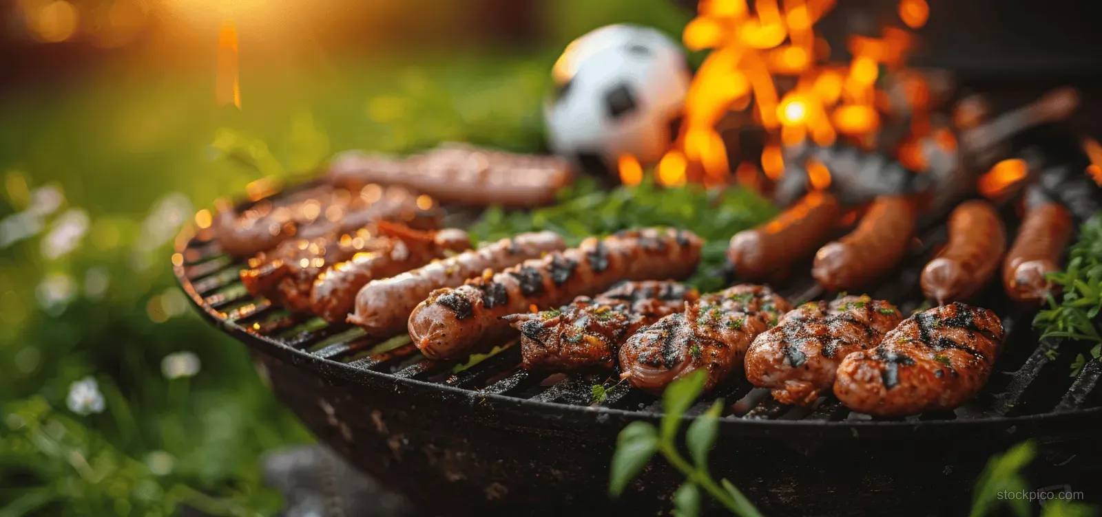 Sizzling sausages and chicken on a charcoal grill with a soccer ball on green grass in a park.