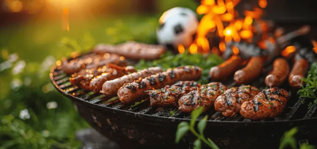 Sizzling sausage and chicken on a charcoal grill beside a soccer ball in park grass