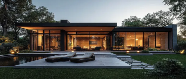 Warm-lit modern single-story house with large glass windows, outdoor lounge chairs on a stone patio, and trees at dusk.