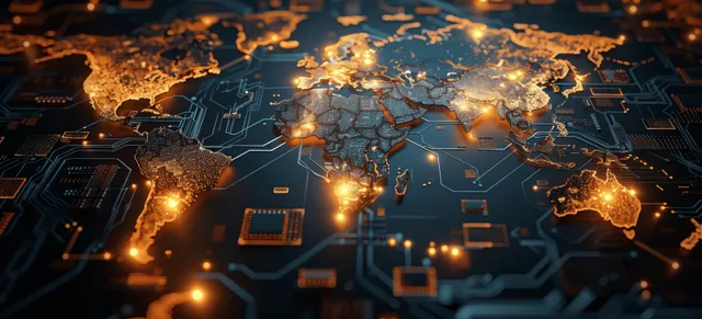 Golden glowing world map lines stretch across a microchip circuit board network.