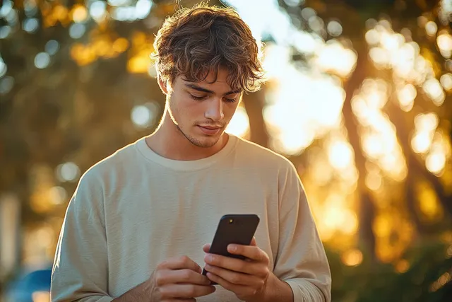 Young man outdoors in warm golden hour light, holding a smartphone and looking at the screen with tree bokeh behind.