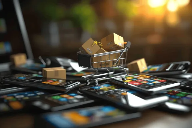 Mini shopping cart on a laptop keyboard surrounded by cardboard parcel boxes and glowing payment cards.
