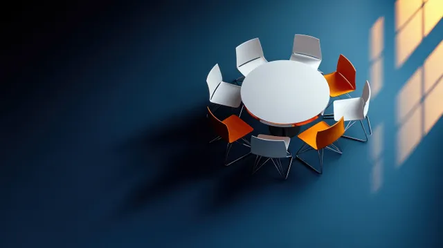 Round white table with orange chairs in a meeting room with window shadow patterns