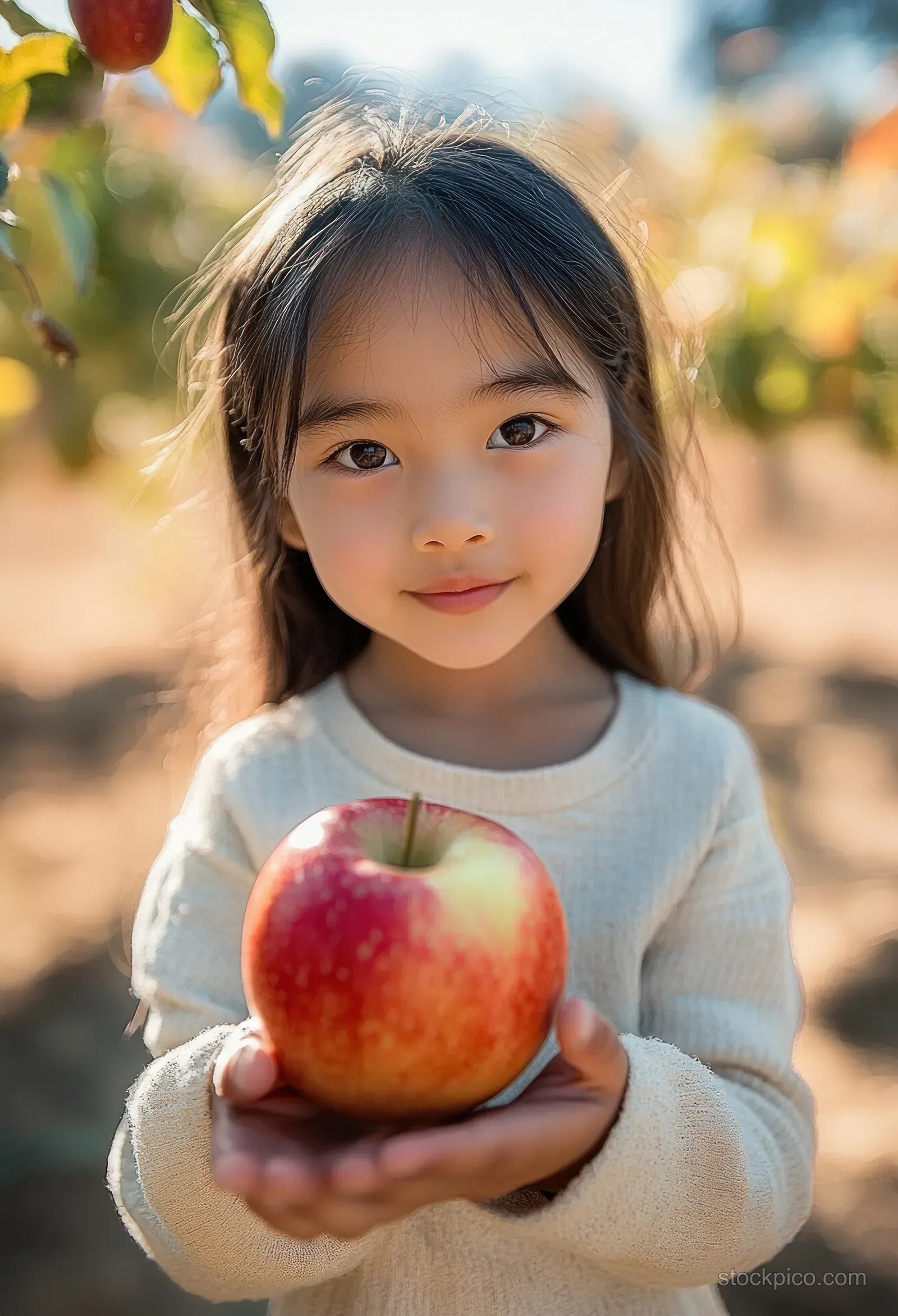 A young girl smiles while holding a large red apple in an outdoor apple orchard with warm sunlight behind her.