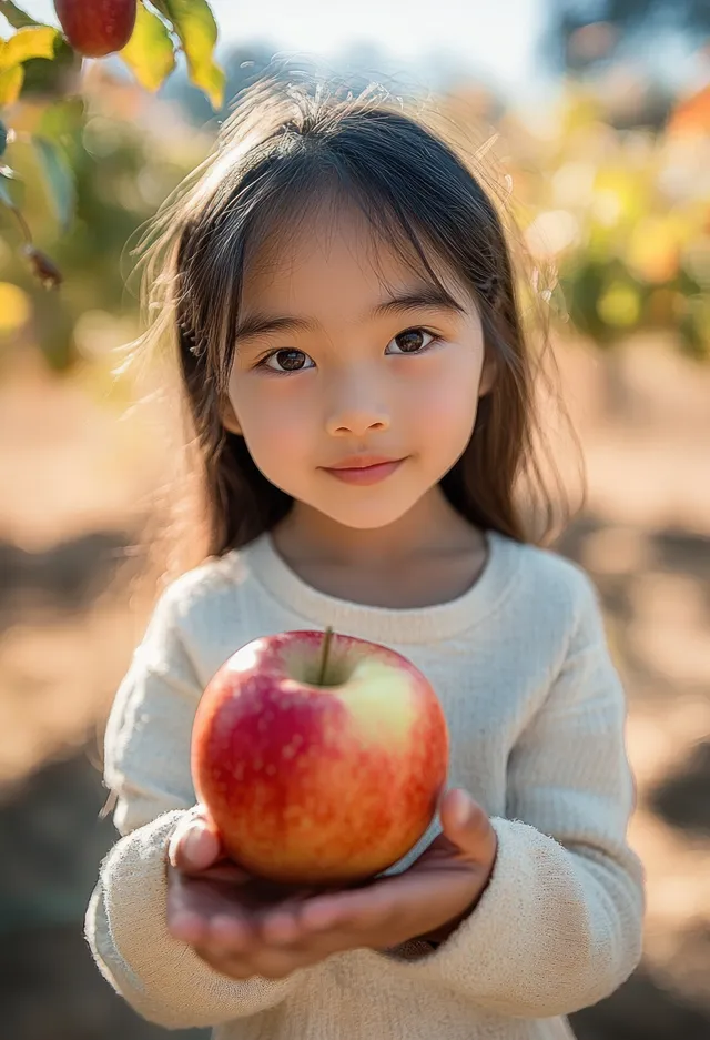 A young girl smiles while holding a large red apple in an outdoor apple orchard with warm sunlight behind her.