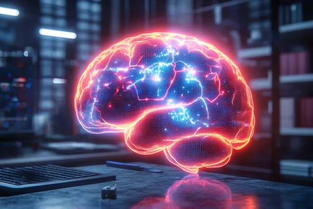 Glowing 3D holographic brain hovers over a desk amid neural network lines in dark office