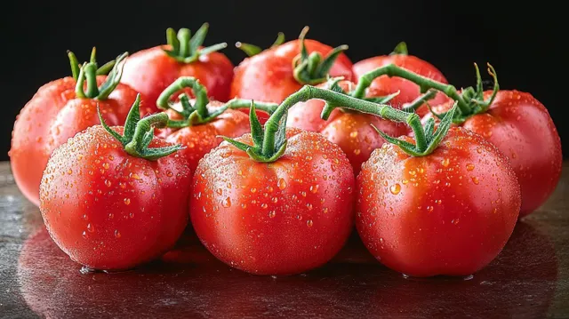 Fresh vine tomatoes with green stems, covered in water droplets on reflective dark surface