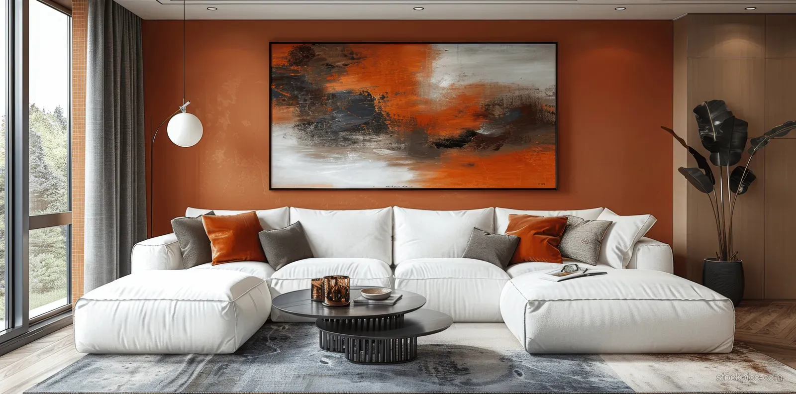 White sectional sofa with orange cushions in front of a peach abstract painting on a terracotta wall.