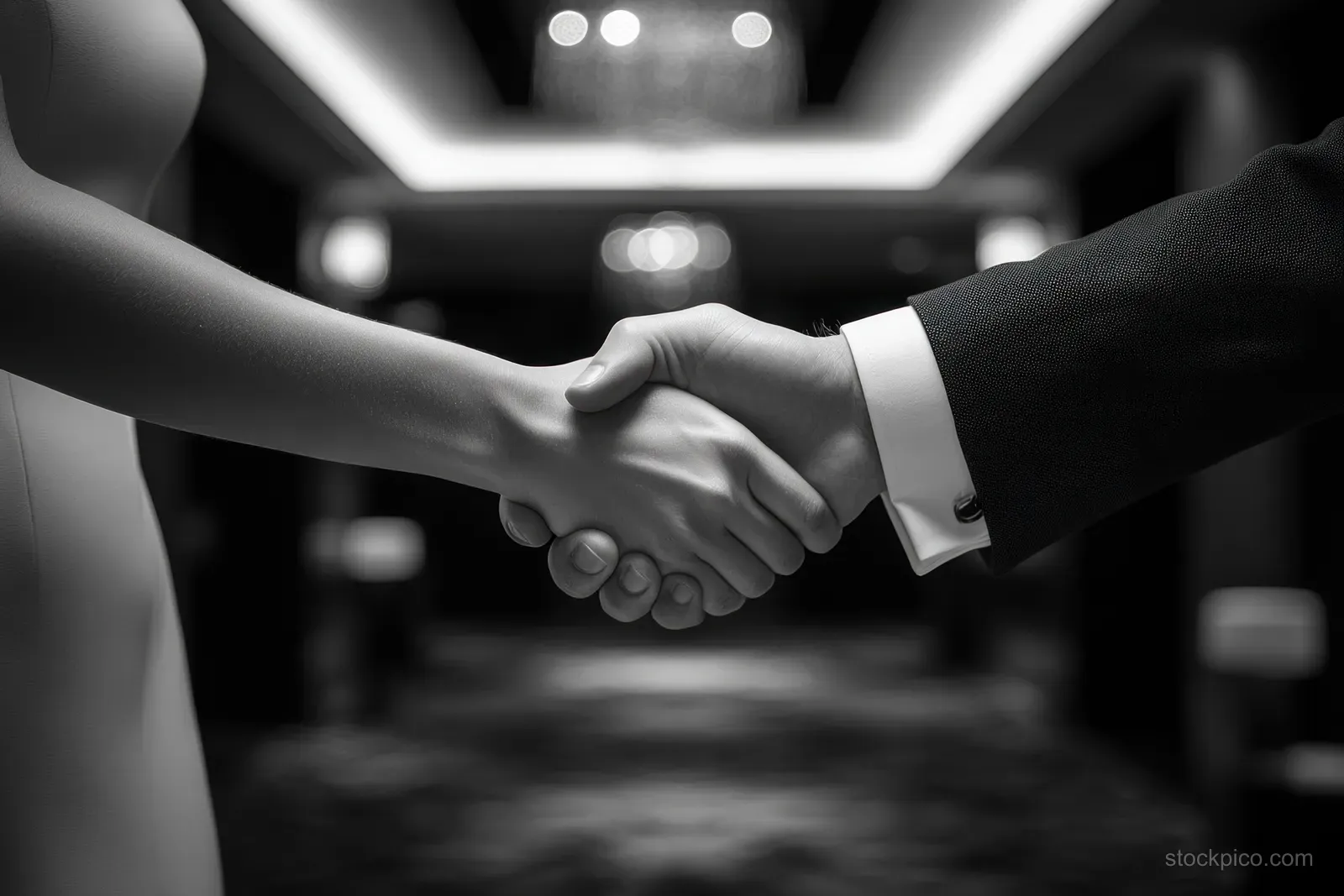 Indian businesswoman and suited executive handshake across an office desk during a client deal meeting.